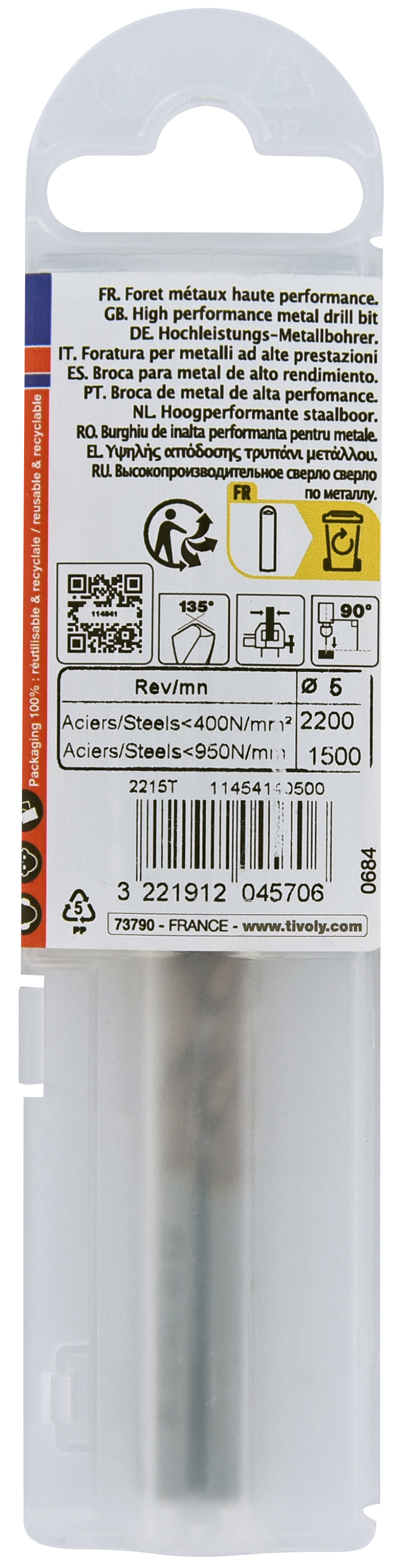 Foret métaux FURIUS taillé meulé HSS -Revêtu FUSIO -DIN338 -h8 -Pointe en croix Ø: 5 L: 86 TIVOLY - 11454140500