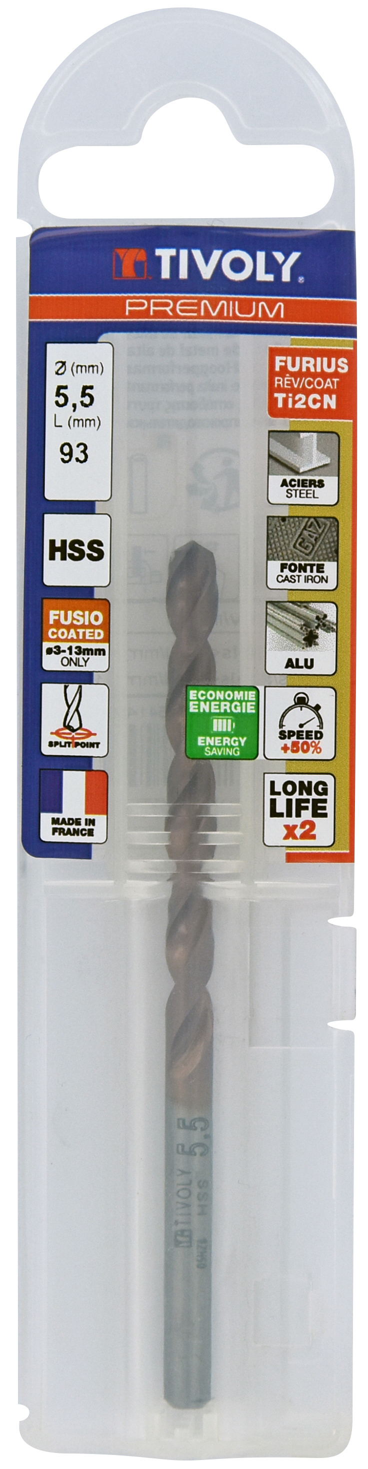 Foret métaux FURIUS taillé meulé HSS -Revêtu FUSIO -DIN338 -h8 -Pointe en croix Ø: 5.5 L: 93 TIVOLY - 11454140550