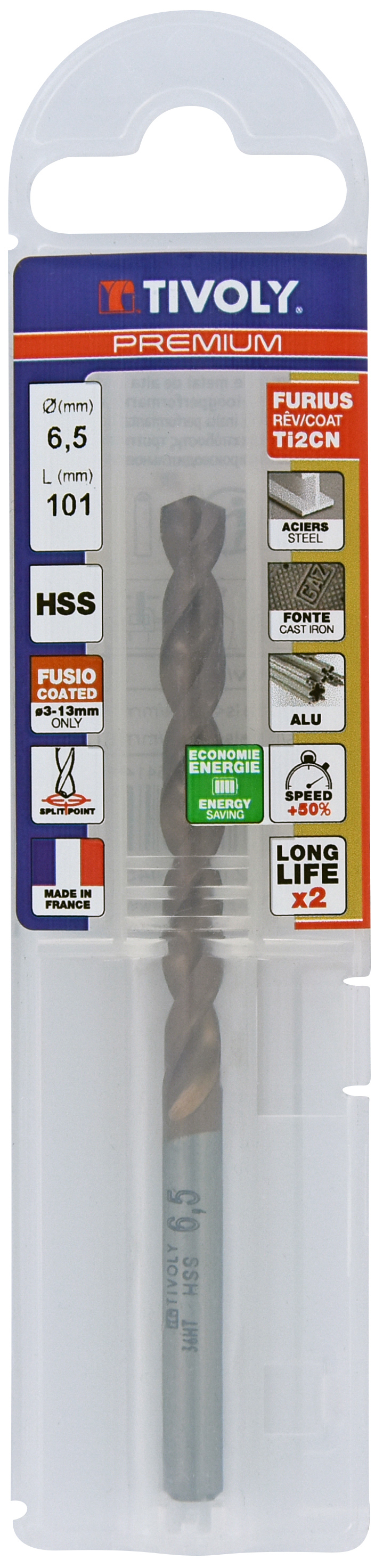 Foret métaux FURIUS taillé meulé HSS -Revêtu FUSIO -DIN338 -h8 -Pointe en croix Ø: 6.5 L: 101 TIVOLY - 11454140650