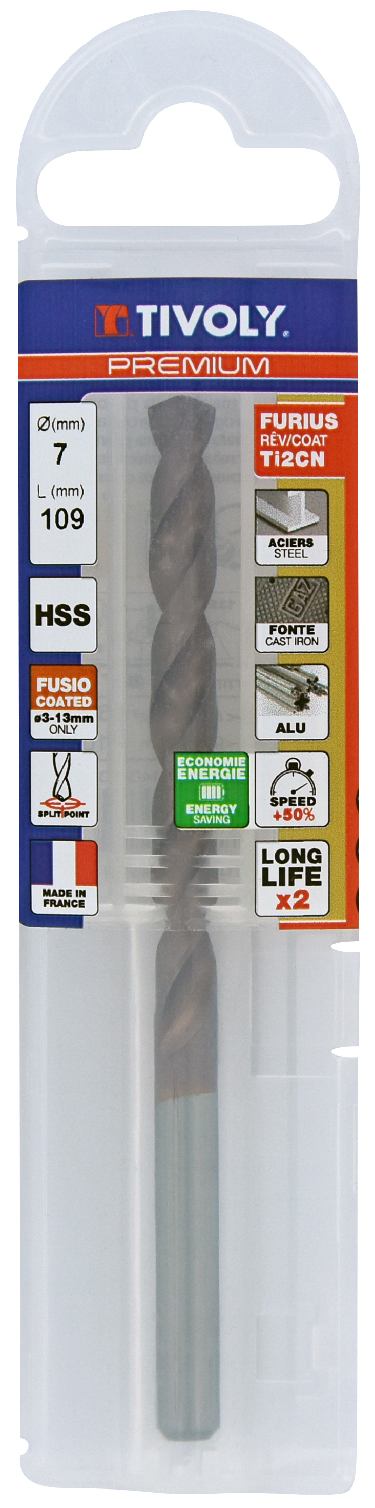 Foret métaux FURIUS taillé meulé HSS -Revêtu FUSIO -DIN338 -h8 -Pointe en croix Ø: 7 L: 109 TIVOLY - 11454140700