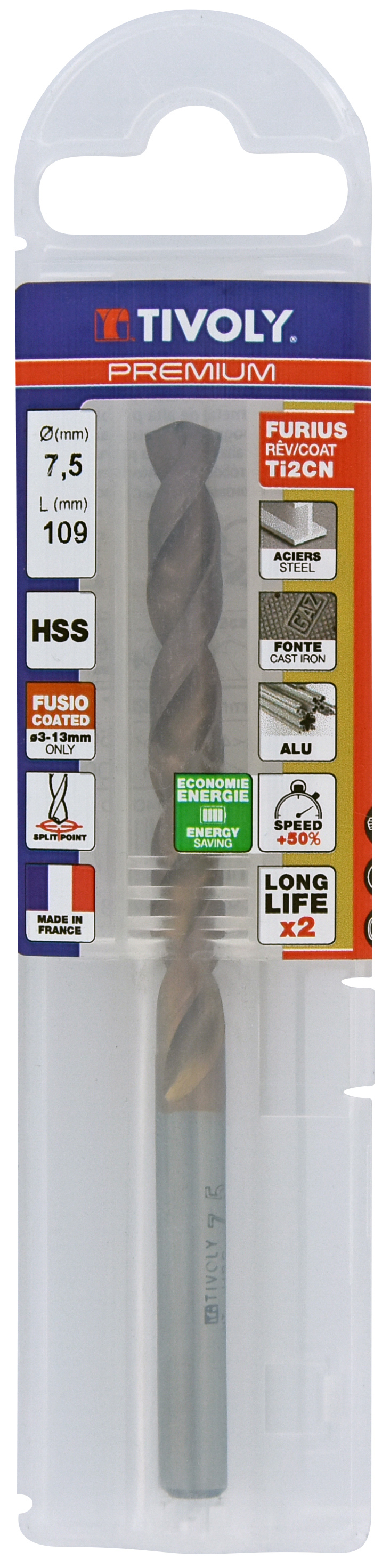 Foret métaux FURIUS taillé meulé HSS -Revêtu FUSIO -DIN338 -h8 -Pointe en croix Ø: 7.5 L: 109 TIVOLY - 11454140750