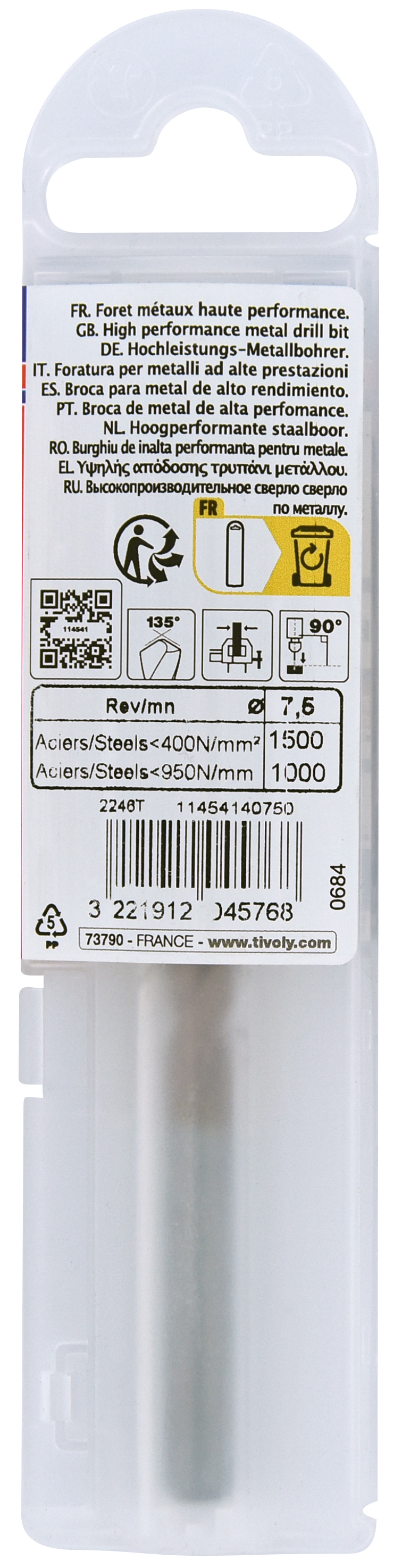 Foret métaux FURIUS taillé meulé HSS -Revêtu FUSIO -DIN338 -h8 -Pointe en croix Ø: 7.5 L: 109 TIVOLY - 11454140750