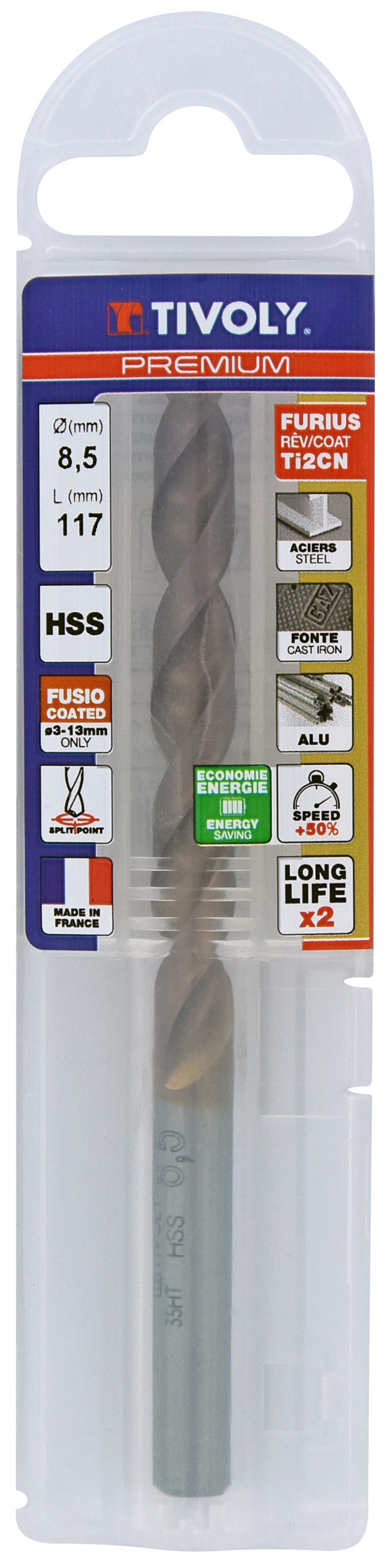 Foret métaux FURIUS taillé meulé HSS -Revêtu FUSIO -DIN338 -h8 -Pointe en croix Ø: 8.5 L: 117 TIVOLY - 11454140850