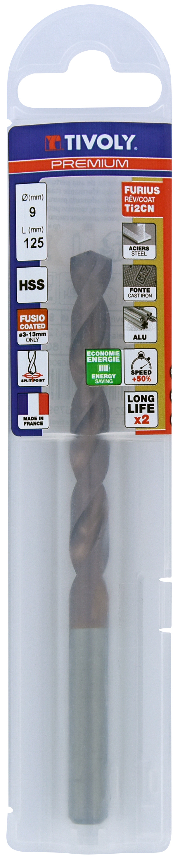 Foret métaux FURIUS taillé meulé HSS -Revêtu FUSIO -DIN338 -h8 -Pointe en croix Ø: 9 L: 125 TIVOLY - 11454140900