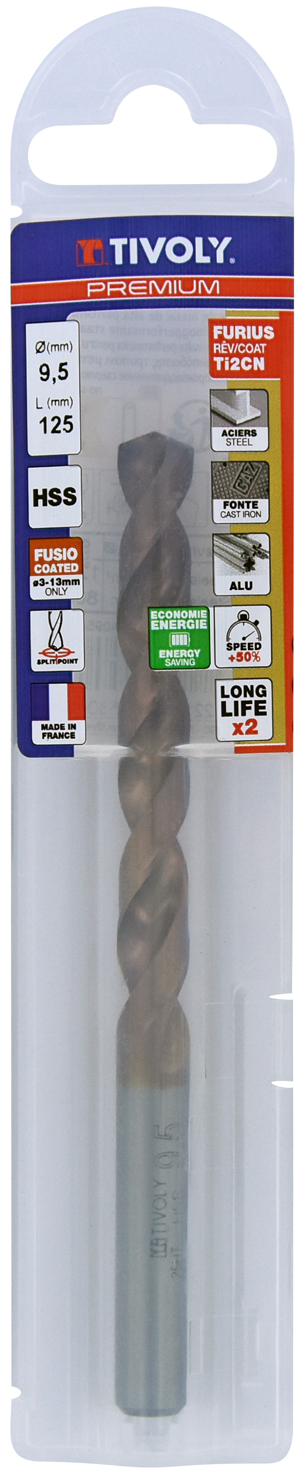 Foret métaux FURIUS taillé meulé HSS -Revêtu FUSIO -DIN338 -h8 -Pointe en croix Ø: 9.5 L: 125 TIVOLY - 11454140950