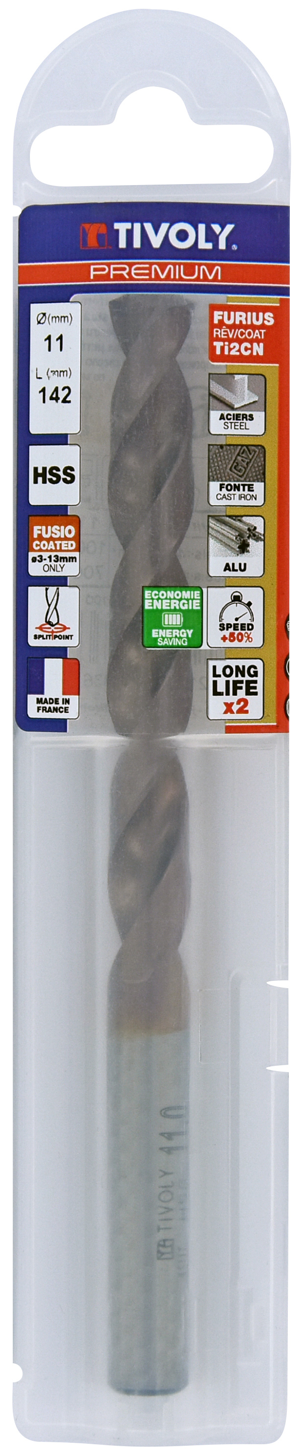 Foret métaux FURIUS taillé meulé HSS -Revêtu FUSIO -DIN338 -h8 -Pointe en croix Ø: 11 L: 142 TIVOLY - 11454141100