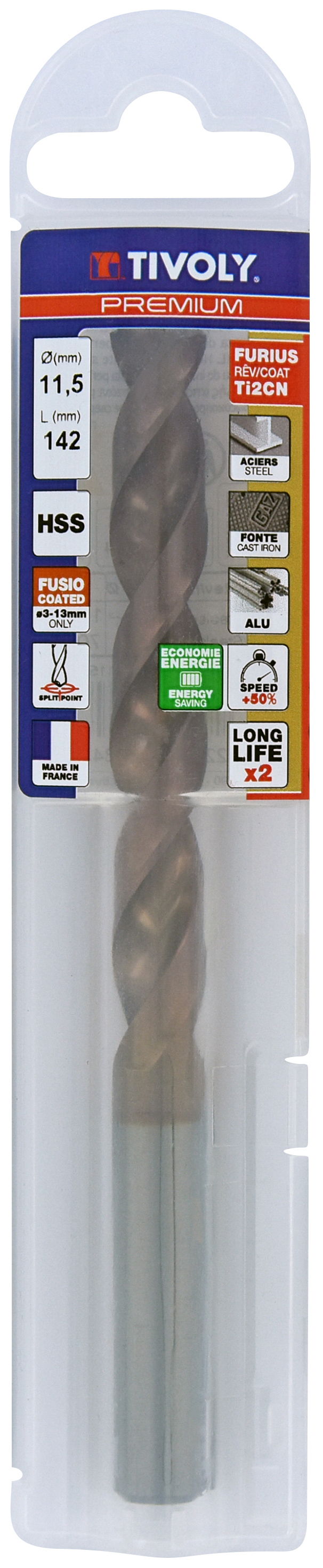 Foret métaux FURIUS taillé meulé HSS -Revêtu FUSIO -DIN338 -h8 -Pointe en croix Ø: 11.5 L: 142 TIVOLY - 11454141150