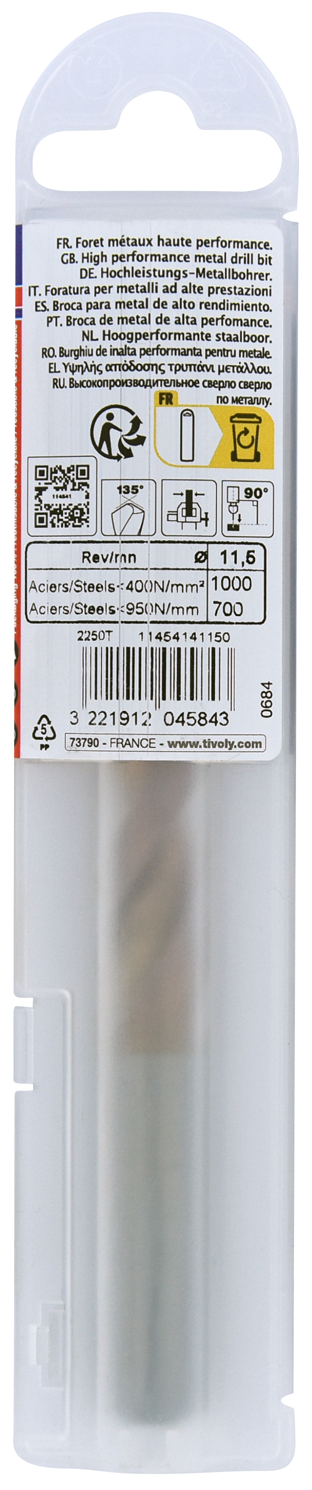 Foret métaux FURIUS taillé meulé HSS -Revêtu FUSIO -DIN338 -h8 -Pointe en croix Ø: 11.5 L: 142 TIVOLY - 11454141150