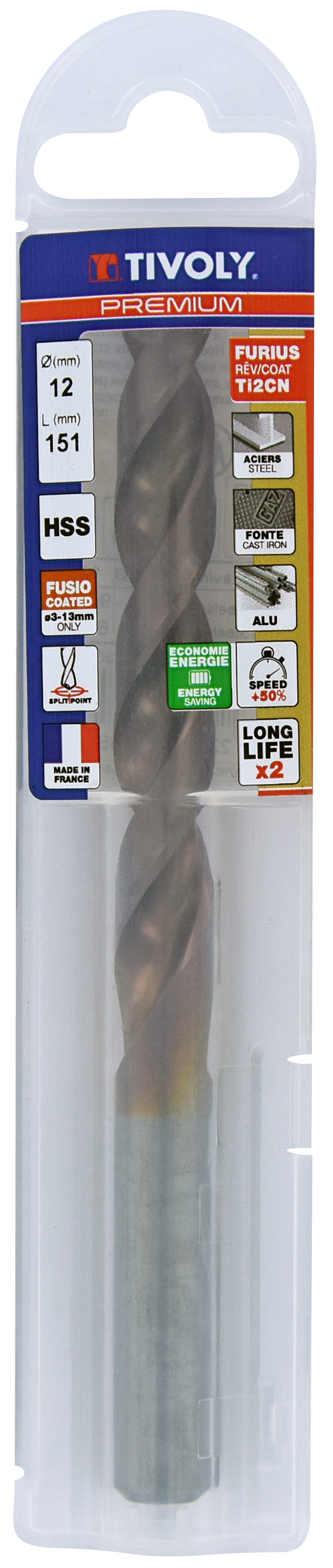 Foret métaux FURIUS taillé meulé HSS -Revêtu FUSIO -DIN338 -h8 -Pointe en croix Ø: 12 L: 151 TIVOLY - 11454141200