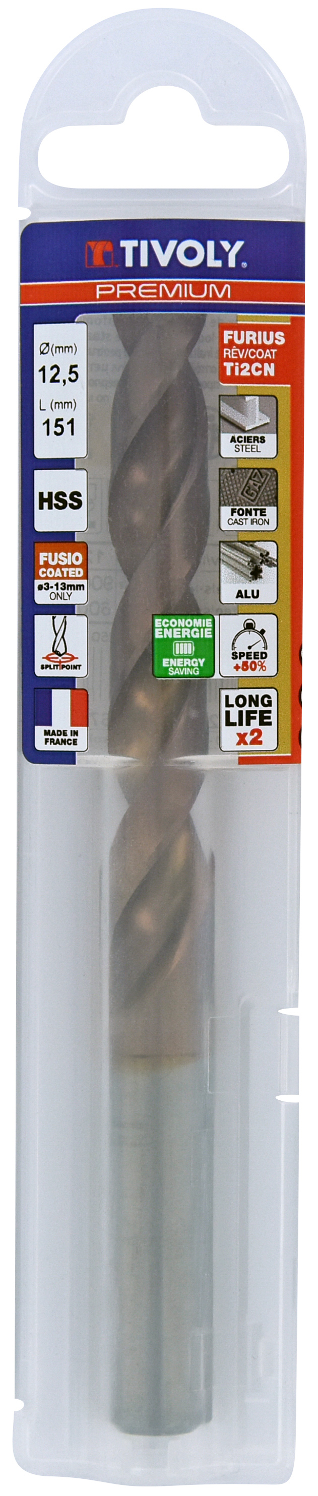 Foret métaux FURIUS taillé meulé HSS -Revêtu FUSIO -DIN338 -h8 -Pointe en croix Ø: 12.5 L: 151 TIVOLY - 11454141250