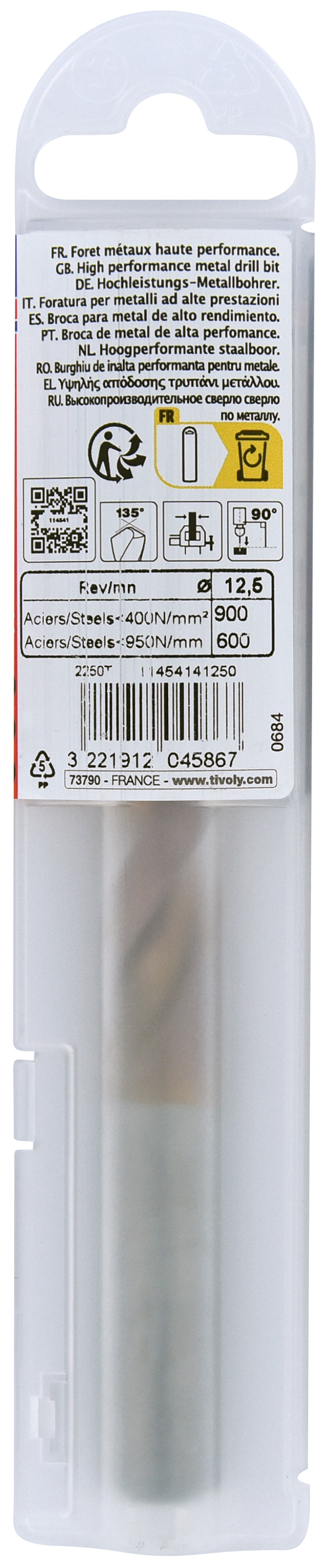 Foret métaux FURIUS taillé meulé HSS -Revêtu FUSIO -DIN338 -h8 -Pointe en croix Ø: 12.5 L: 151 TIVOLY - 11454141250