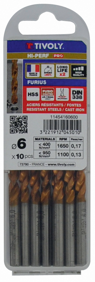 Foret métaux FURIUS taillé meulé HSS -Revêtu FUSIO -DIN338 -h8 -Pointe en croix Ø: 6 L: 93 TIVOLY - 11454160600