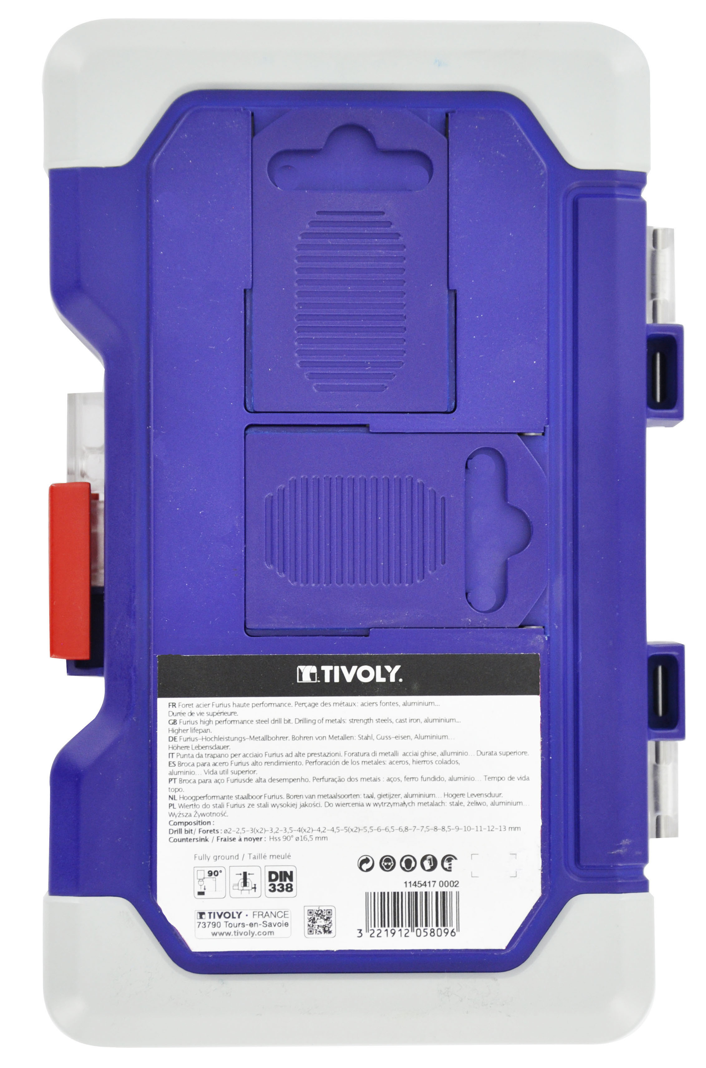 26 pièces -25 forets métaux FURIUS HSS revêtus FUSIO pointe en croix Ø 2 à 13mm + 1 fraise à noyer Ø 15mm PREMIUM TIVOLY - 11454170002