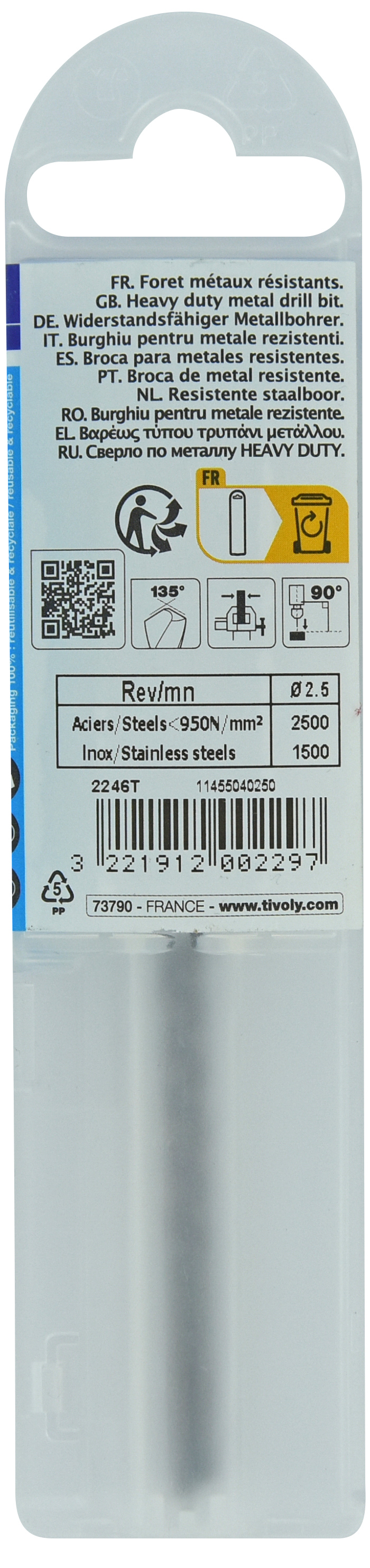 Foret métaux HSS-E5 -Revêtu GOLD -DIN338 -h8 -Pointe en croix Ø: 2.5 L: 57 TIVOLY - 11455040250