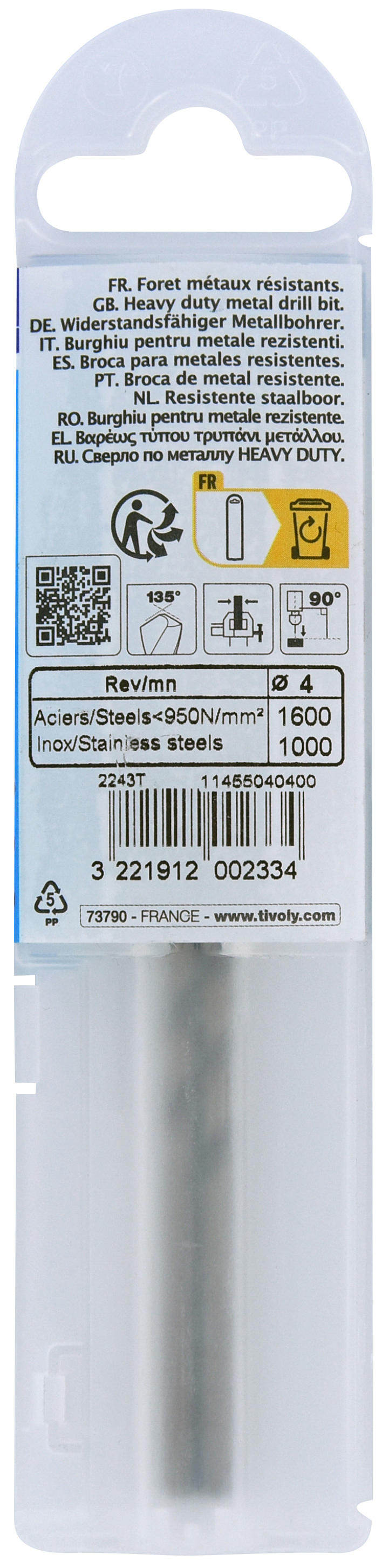 Foret métaux HSS-E5 -Revêtu GOLD -DIN338 -h8 -Pointe en croix Ø: 4 L: 75 TIVOLY - 11455040400