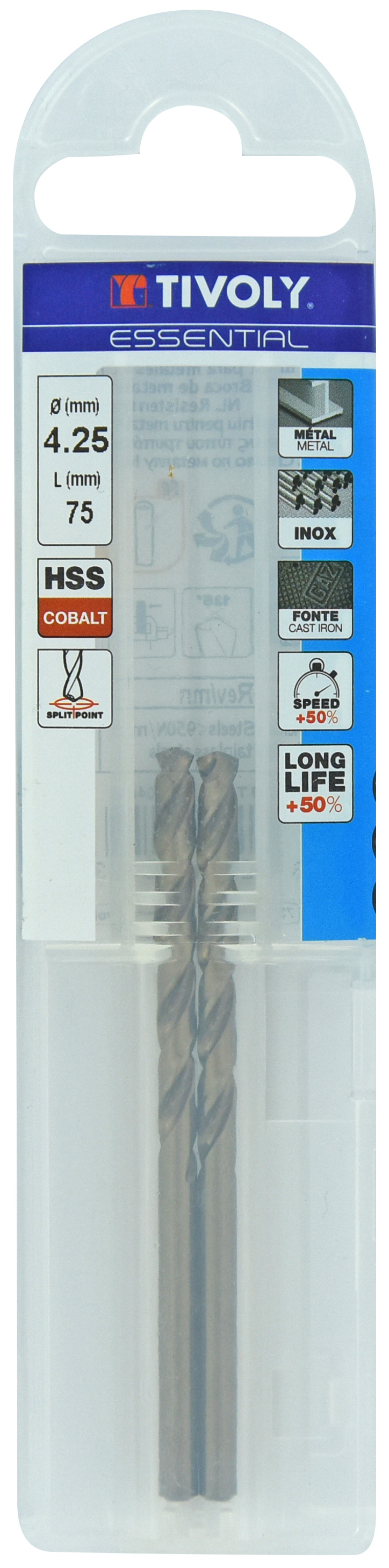 Foret métaux HSS-E5 -Revêtu GOLD -DIN338 -h8 -Pointe en croix Ø: 4.25 L: 75 TIVOLY - 11455040425