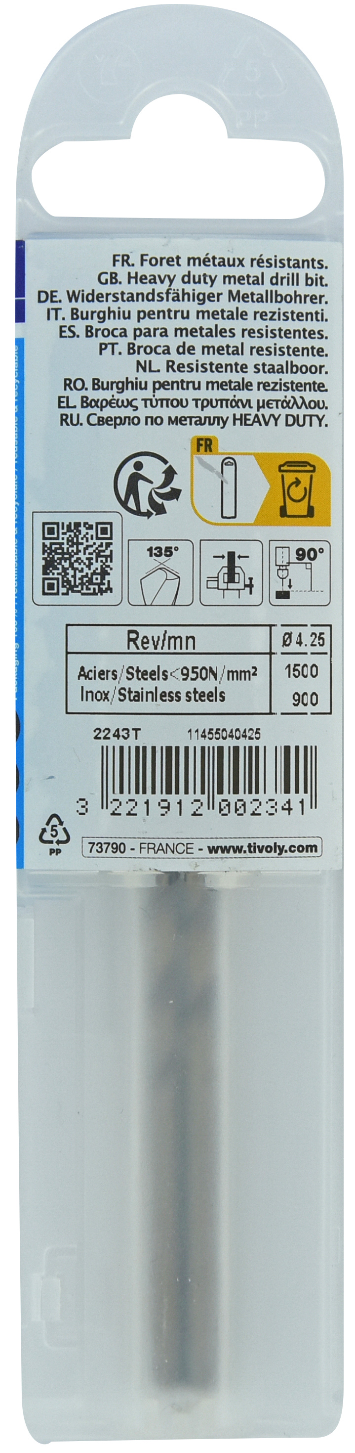 Foret métaux HSS-E5 -Revêtu GOLD -DIN338 -h8 -Pointe en croix Ø: 4.25 L: 75 TIVOLY - 11455040425