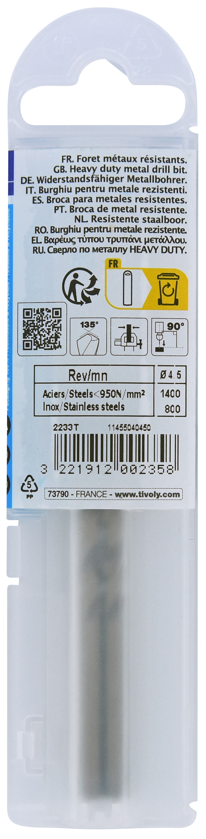 Foret métaux HSS-E5 -Revêtu GOLD -DIN338 -h8 -Pointe en croix Ø: 4.5 L: 80 TIVOLY - 11455040450