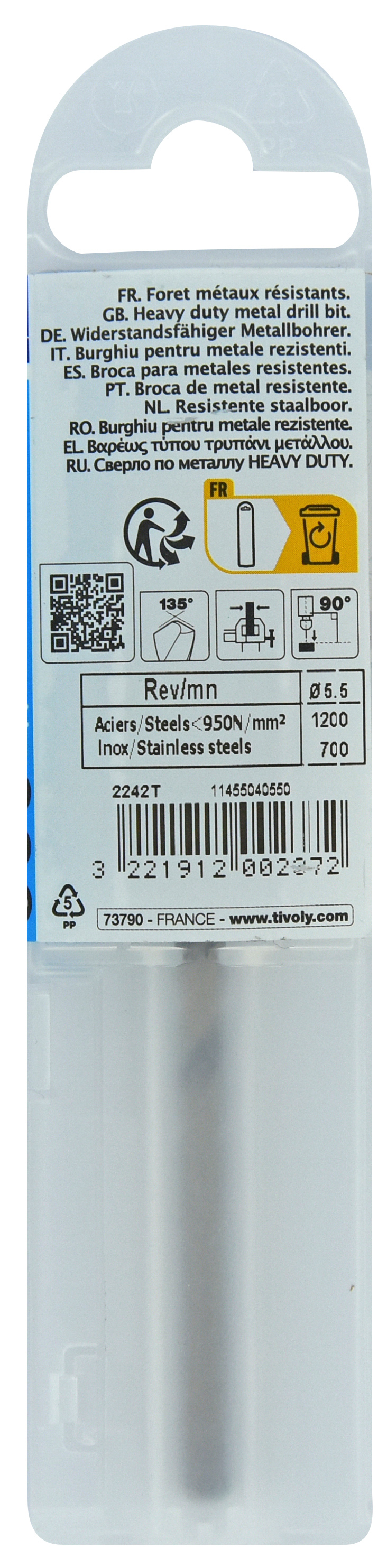 Foret métaux HSS-E5 -Revêtu GOLD -DIN338 -h8 -Pointe en croix Ø: 5.5 L: 93 TIVOLY - 11455040550