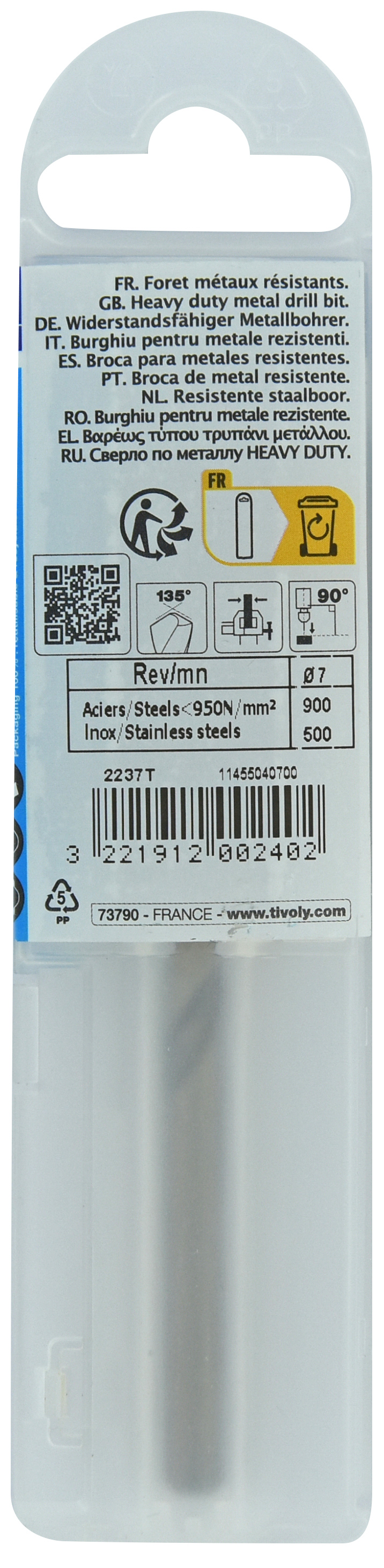 Foret métaux HSS-E5 -Revêtu GOLD -DIN338 -h8 -Pointe en croix Ø: 7 L: 109 TIVOLY - 11455040700