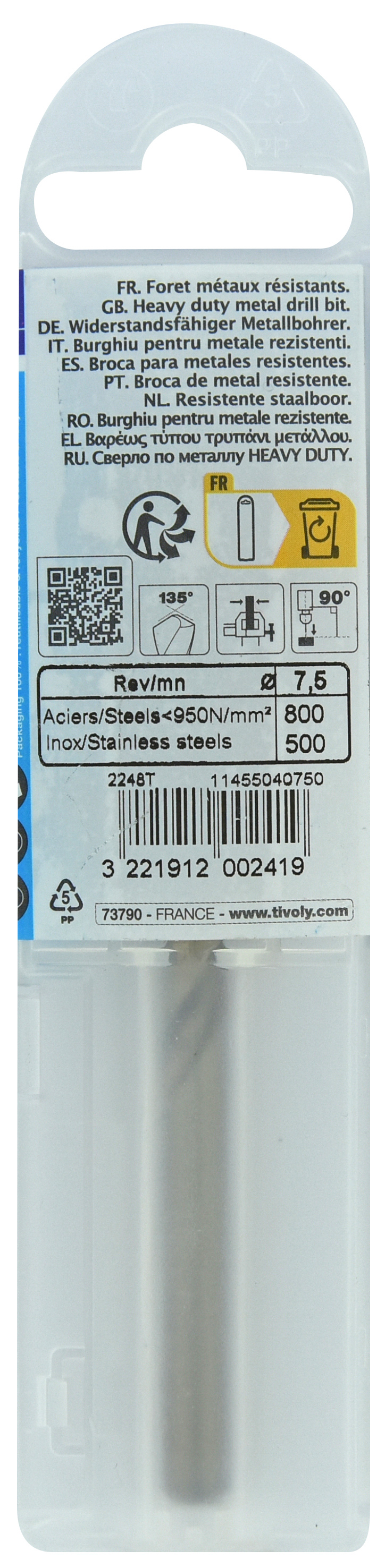 Foret métaux HSS-E5 -Revêtu GOLD -DIN338 -h8 -Pointe en croix Ø: 7.5 L: 109 TIVOLY - 11455040750