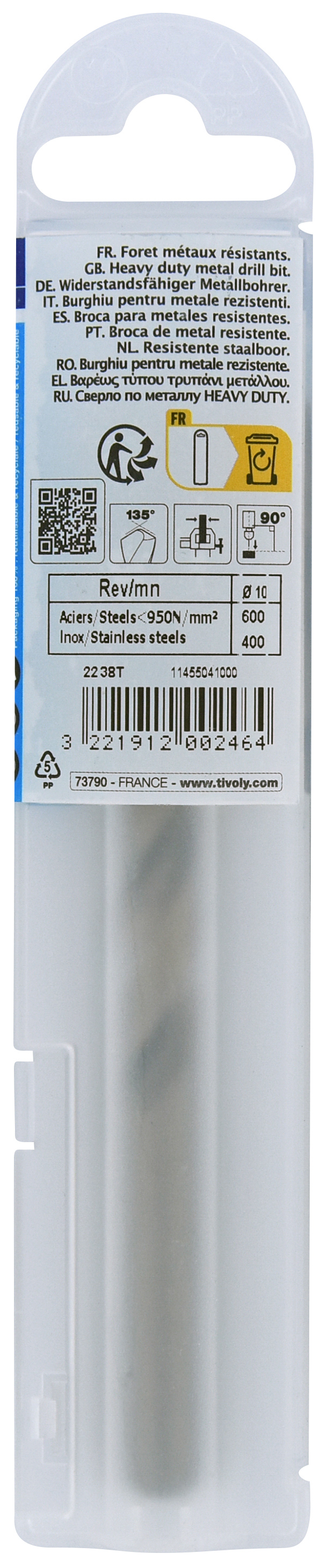 Foret métaux HSS-E5 -Revêtu GOLD -DIN338 -h8 -Pointe en croix Ø: 10 L: 133 TIVOLY - 11455041000