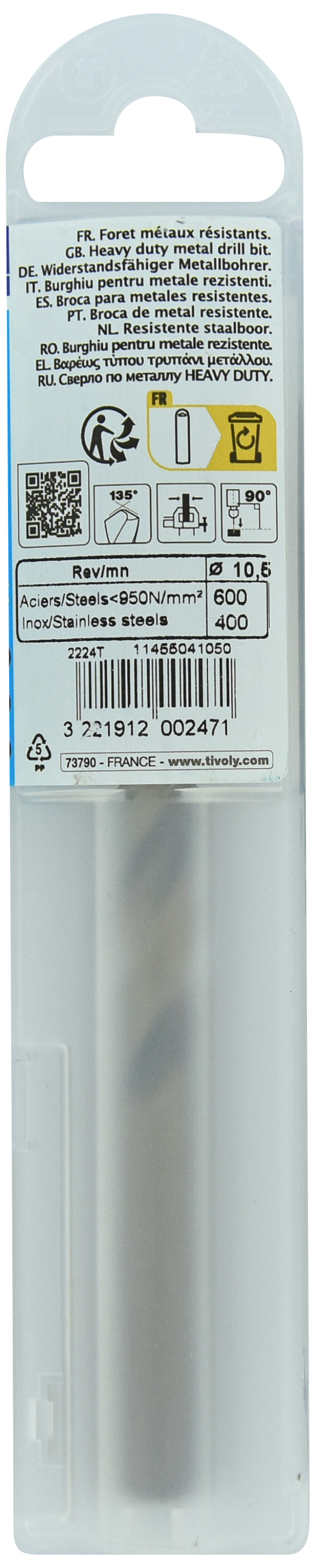 Foret métaux HSS-E5 -Revêtu GOLD -DIN338 -h8 -Pointe en croix Ø: 10.5 L: 133 TIVOLY - 11455041050
