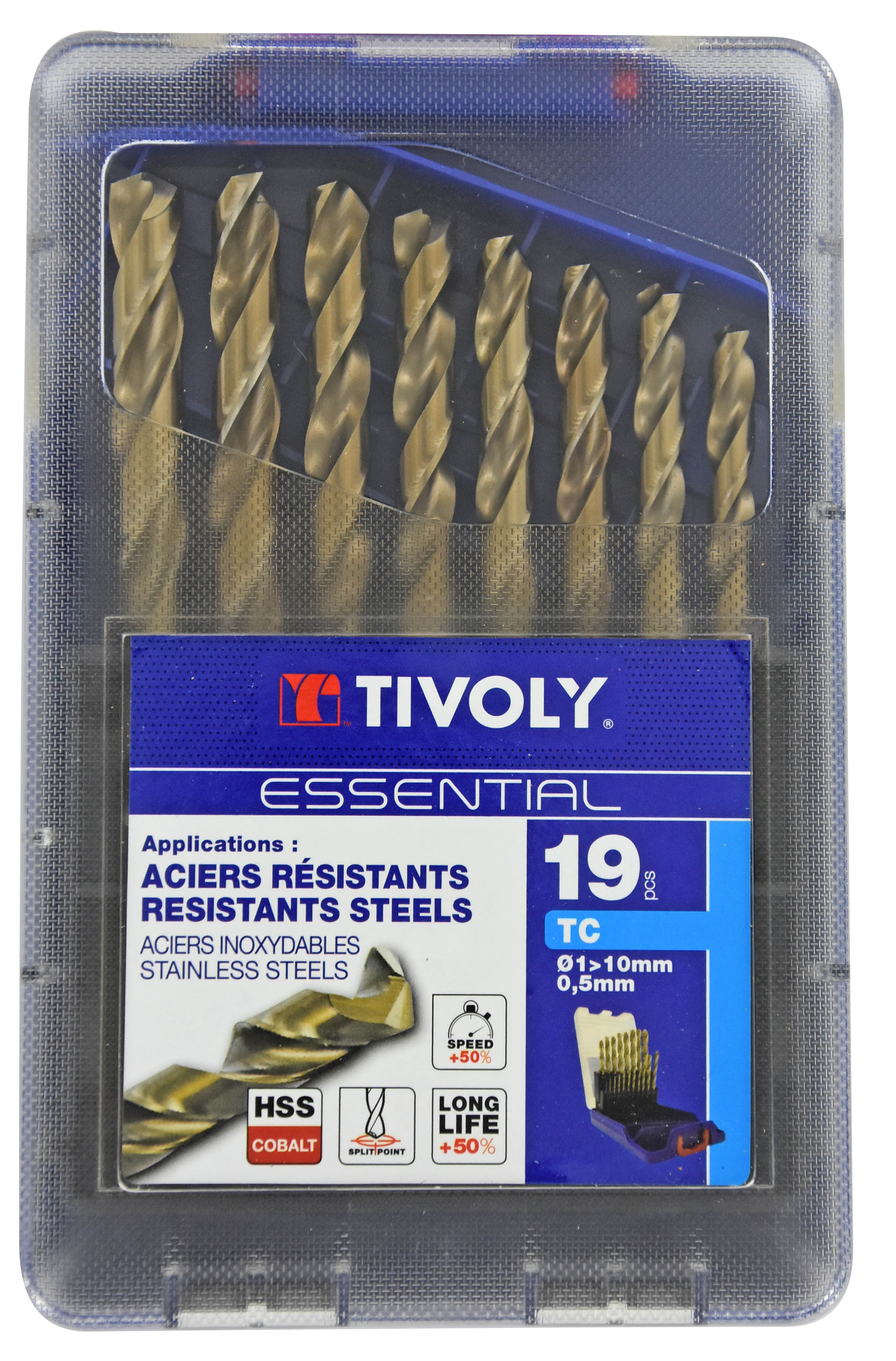 19 forets métaux HSS-E5 (Cobalt 5%) pointe en croix Ø 1 à 10mm par 1/2 TIVOLY - 11455070015