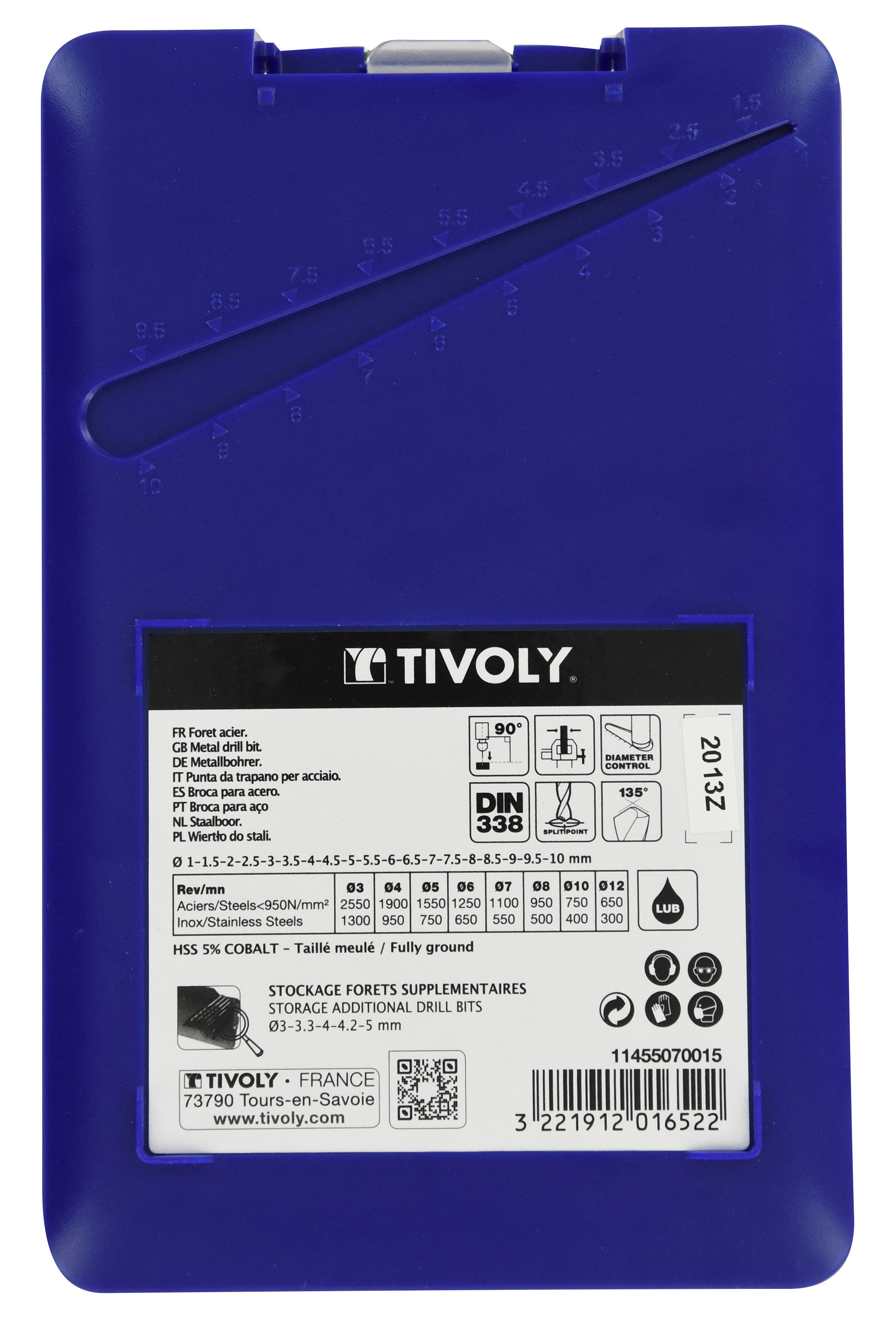 19 forets métaux HSS-E5 (Cobalt 5%) pointe en croix Ø 1 à 10mm par 1/2 TIVOLY - 11455070015