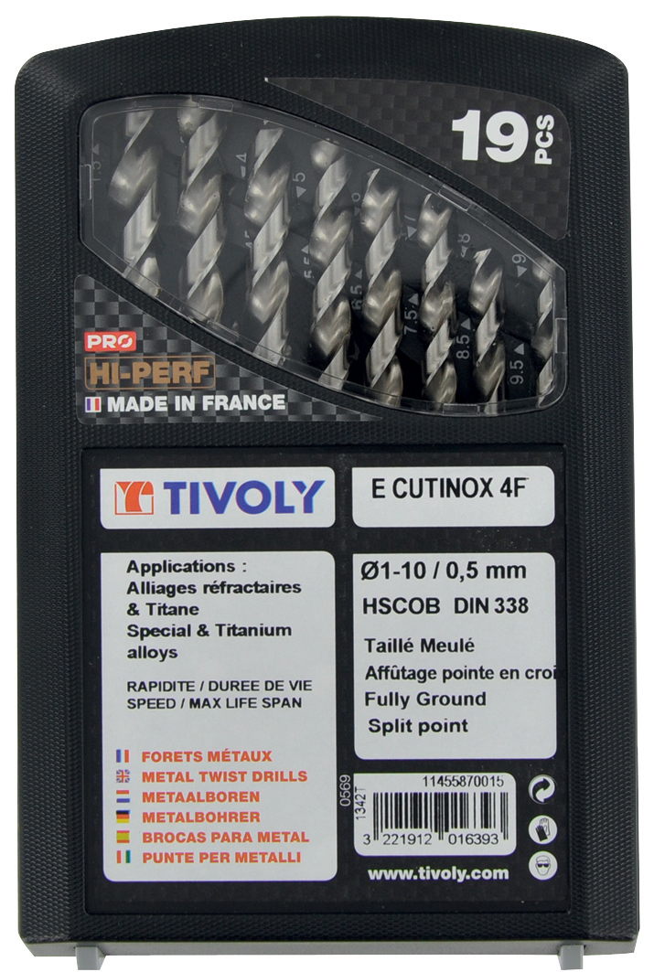 19 forets métaux CUTINOX HSSE5% cobalt 4 faces Ø 1 à 10mm par 1/2 PREMIUM TIVOLY - 11455870015