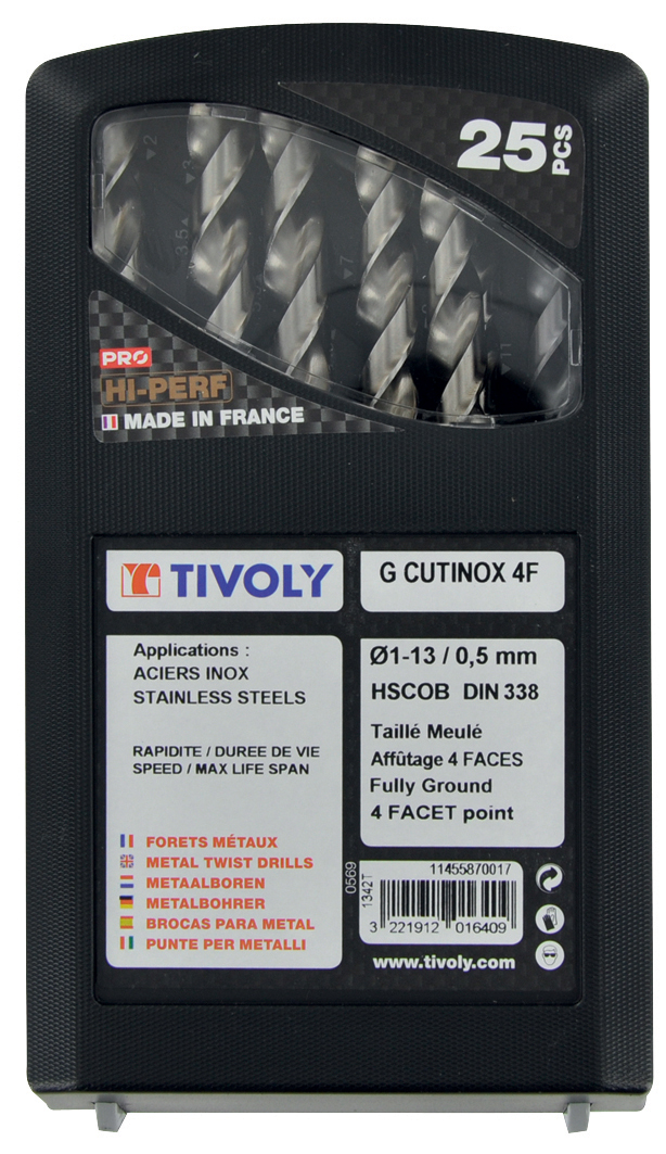 25 forets métaux CUTINOX HSSE5% cobalt 4 faces Ø 1 à 13mm par 1/2 PREMIUM TIVOLY - 11455870017