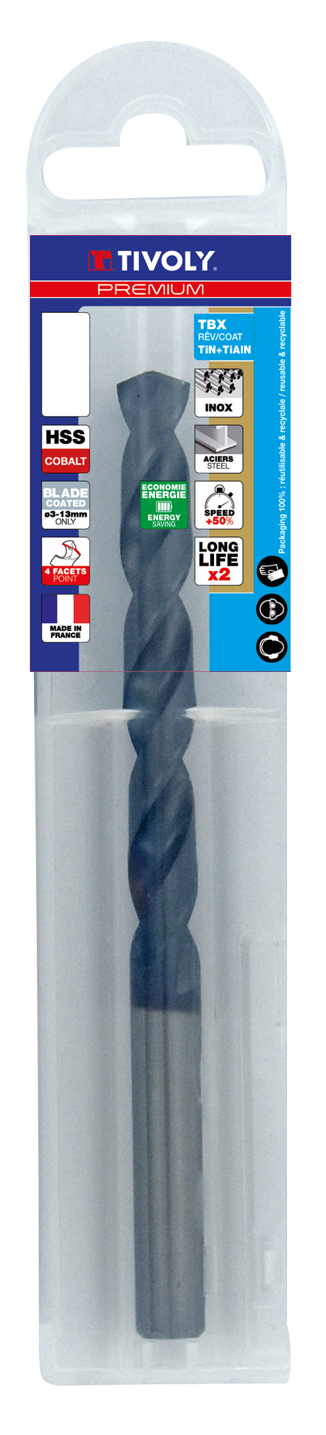 Foret métaux HSS-E5 TBX -Revêtu BLADE -DIN338 -h8 -Affûtage 4 faces Ø: 3 L: 61 TIVOLY - 11456140300