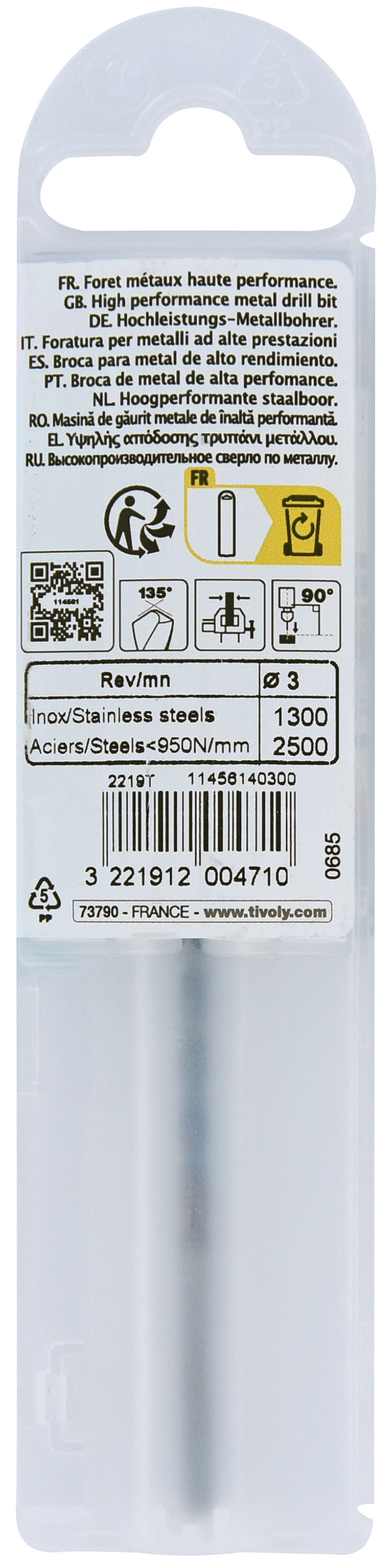 Foret métaux HSS-E5 TBX -Revêtu BLADE -DIN338 -h8 -Affûtage 4 faces Ø: 3 L: 61 TIVOLY - 11456140300