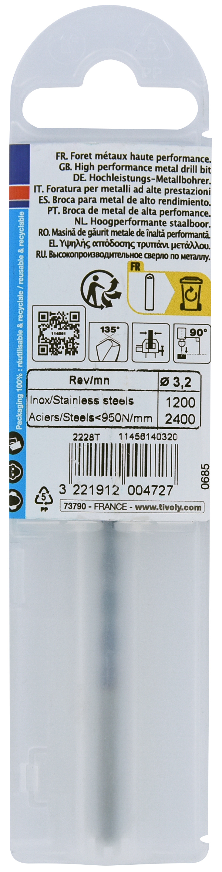 Foret métaux HSS-E5 TBX -Revêtu BLADE -DIN338 -h8 -Affûtage 4 faces Ø: 3.2 L: 65 TIVOLY - 11456140320