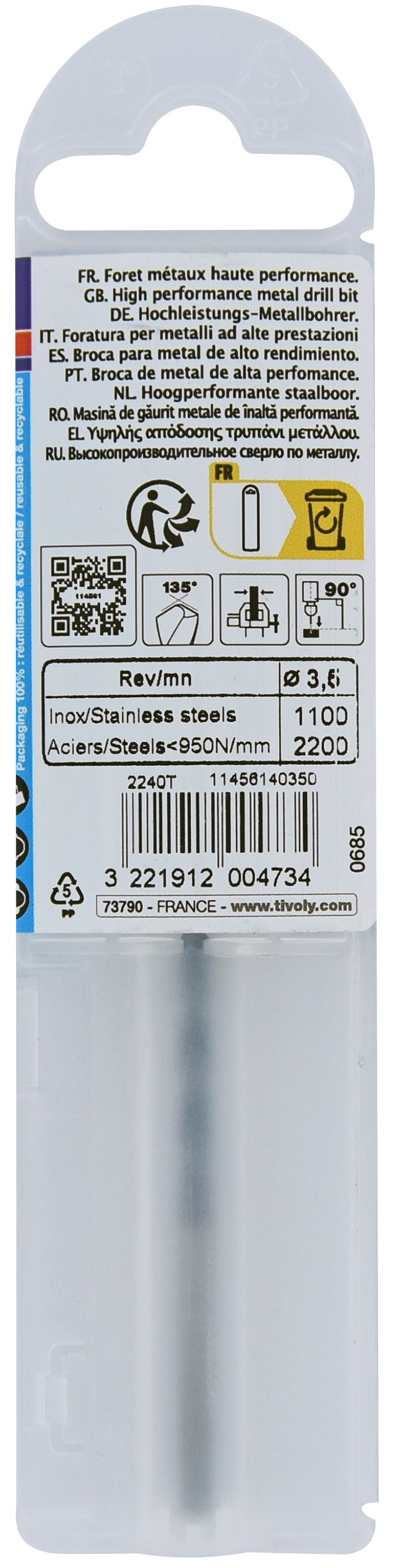 Foret métaux HSS-E5 TBX -Revêtu BLADE -DIN338 -h8 -Affûtage 4 faces Ø: 3.5 L: 70 TIVOLY - 11456140350