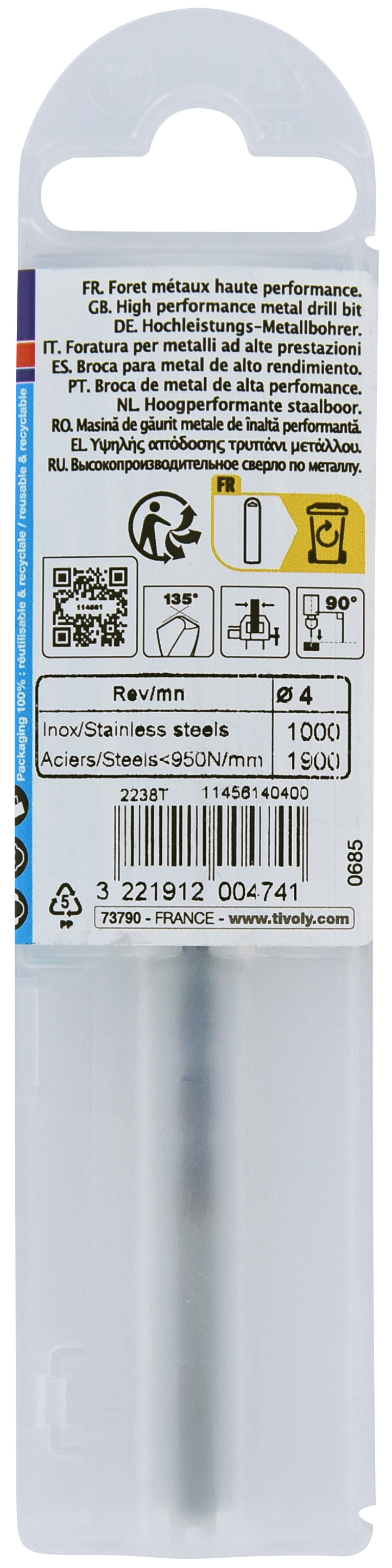 Foret métaux HSS-E5 TBX -Revêtu BLADE -DIN338 -h8 -Affûtage 4 faces Ø: 4 L: 75 TIVOLY - 11456140400