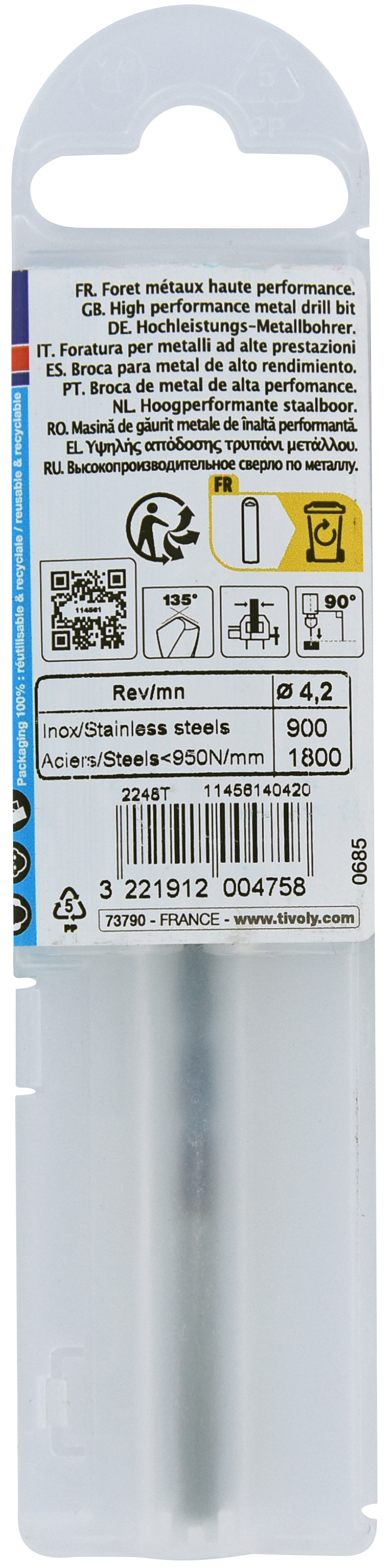 Foret métaux HSS-E5 TBX -Revêtu BLADE -DIN338 -h8 -Affûtage 4 faces Ø: 4.2 L: 75 TIVOLY - 11456140420