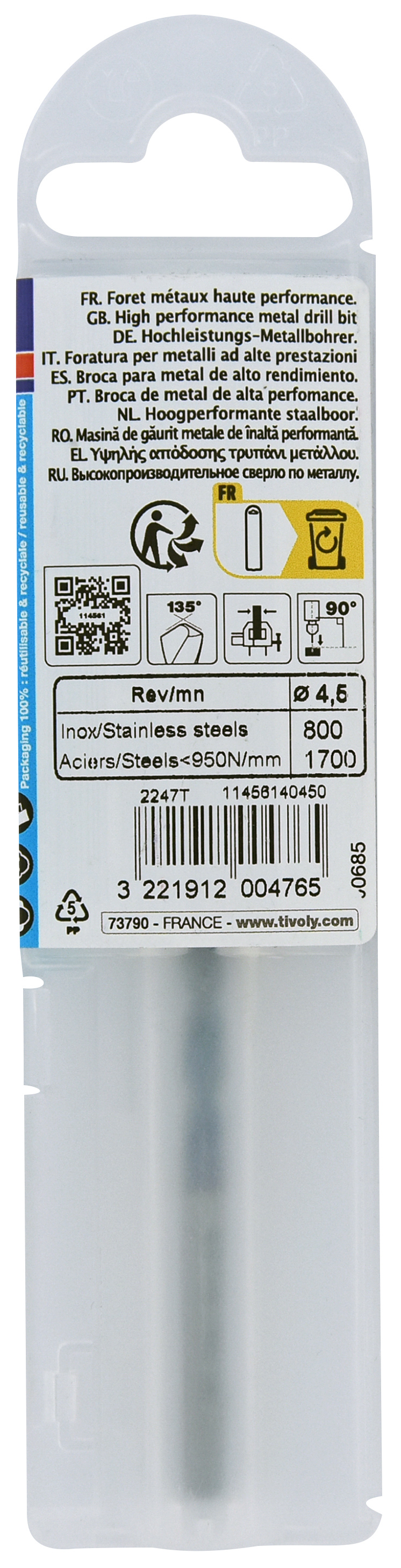 Foret métaux HSS-E5 TBX -Revêtu BLADE -DIN338 -h8 -Affûtage 4 faces Ø: 4.5 L: 80 TIVOLY - 11456140450