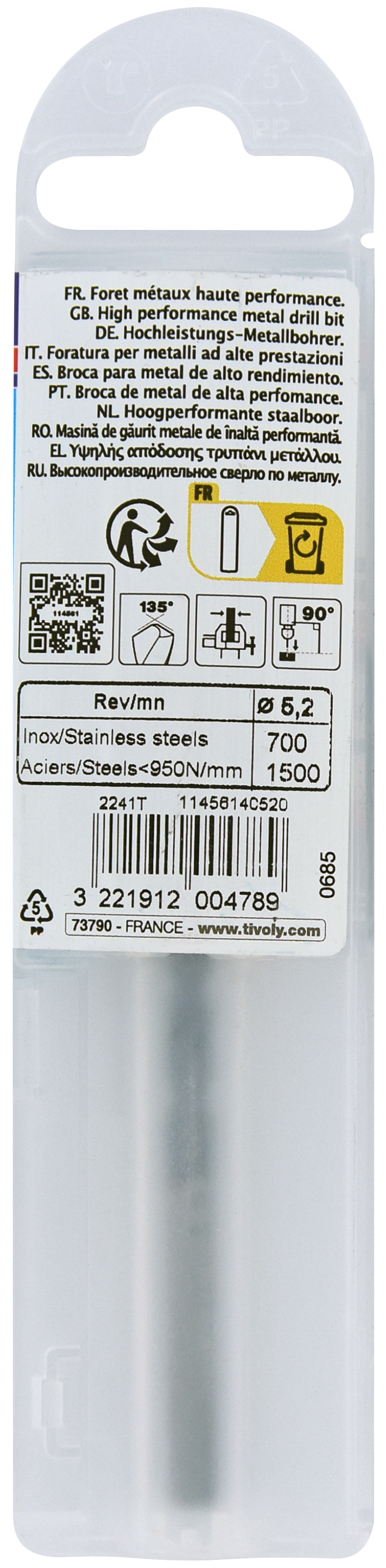 Foret métaux HSS-E5 TBX -Revêtu BLADE -DIN338 -h8 -Affûtage 4 faces Ø: 5.2 L: 86 TIVOLY - 11456140520