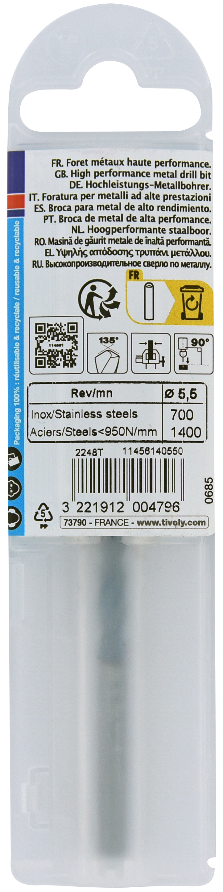 Foret métaux HSS-E5 TBX -Revêtu BLADE -DIN338 -h8 -Affûtage 4 faces Ø: 5.5 L: 93 TIVOLY - 11456140550