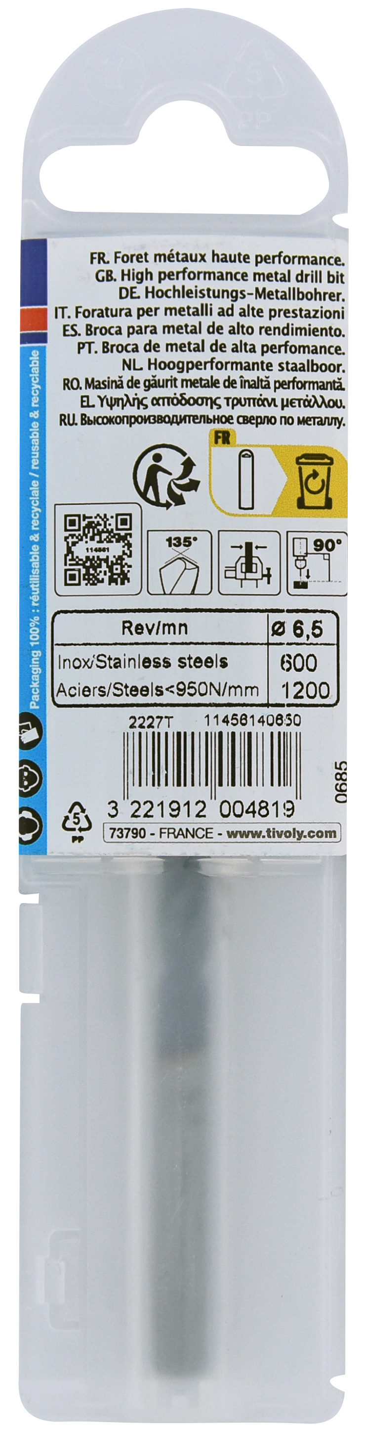 Foret métaux HSS-E5 TBX -Revêtu BLADE -DIN338 -h8 -Affûtage 4 faces Ø: 6.5 L: 101 TIVOLY - 11456140650