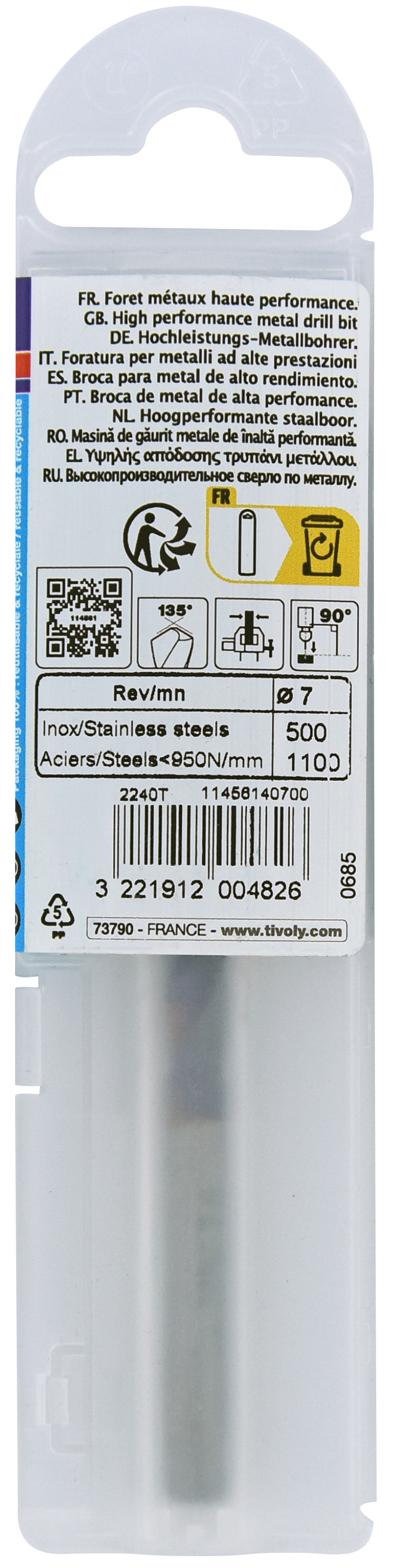 Foret métaux HSS-E5 TBX -Revêtu BLADE -DIN338 -h8 -Affûtage 4 faces Ø: 7 L: 109 TIVOLY - 11456140700