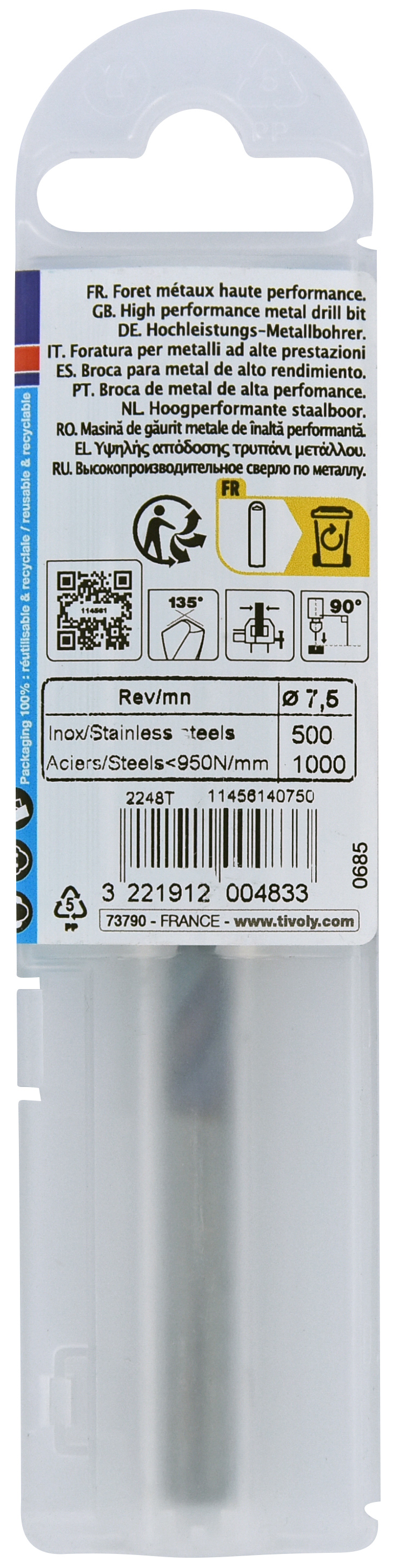 Foret métaux HSS-E5 TBX -Revêtu BLADE -DIN338 -h8 -Affûtage 4 faces Ø: 7.5 L: 109 TIVOLY - 11456140750