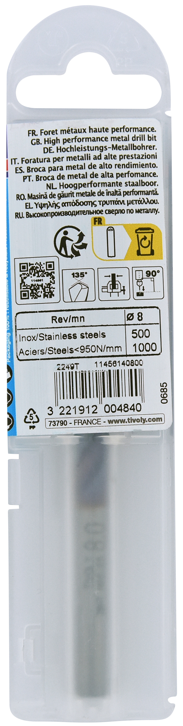 Foret métaux HSS-E5 TBX -Revêtu BLADE -DIN338 -h8 -Affûtage 4 faces Ø: 8 L: 117 TIVOLY - 11456140800