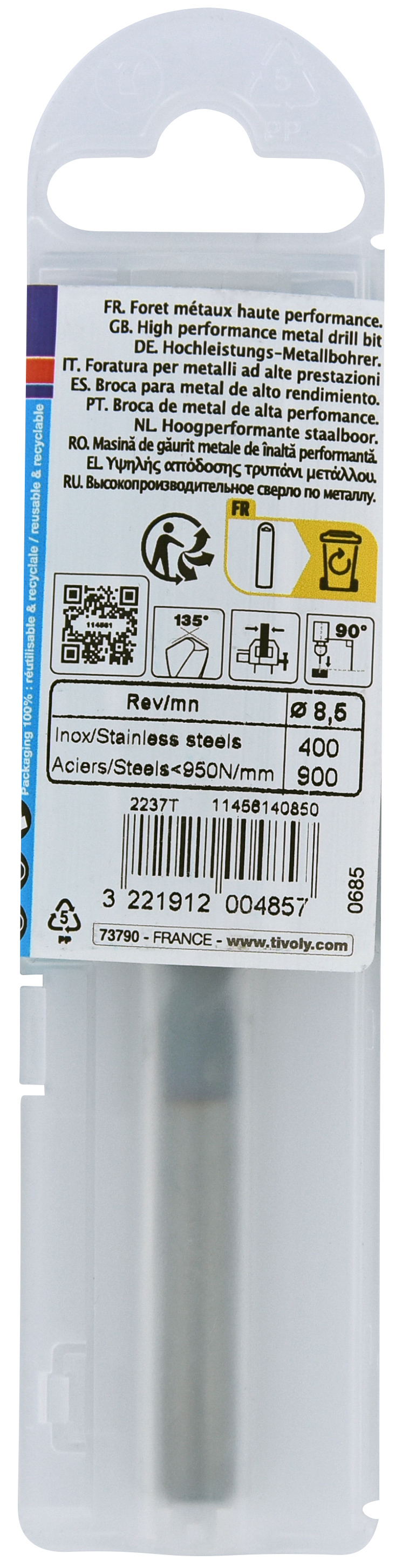 Foret métaux HSS-E5 TBX -Revêtu BLADE -DIN338 -h8 -Affûtage 4 faces Ø: 8.5 L: 117 TIVOLY - 11456140850