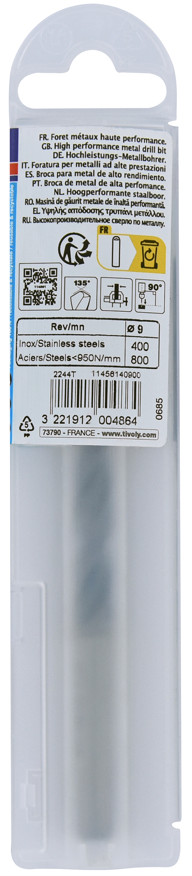 Foret métaux HSS-E5 TBX -Revêtu BLADE -DIN338 -h8 -Affûtage 4 faces Ø: 9 L: 125 TIVOLY - 11456140900