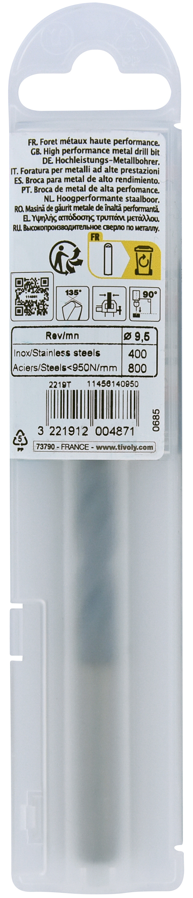 Foret métaux HSS-E5 TBX -Revêtu BLADE -DIN338 -h8 -Affûtage 4 faces Ø: 9.5 L: 125 TIVOLY - 11456140950