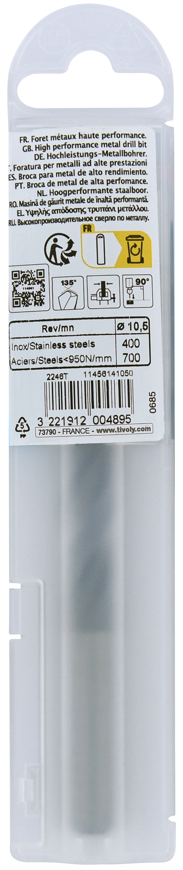 Foret métaux HSS-E5 TBX -Revêtu BLADE -DIN338 -h8 -Affûtage 4 faces Ø: 10.5 L: 133 TIVOLY - 11456141050