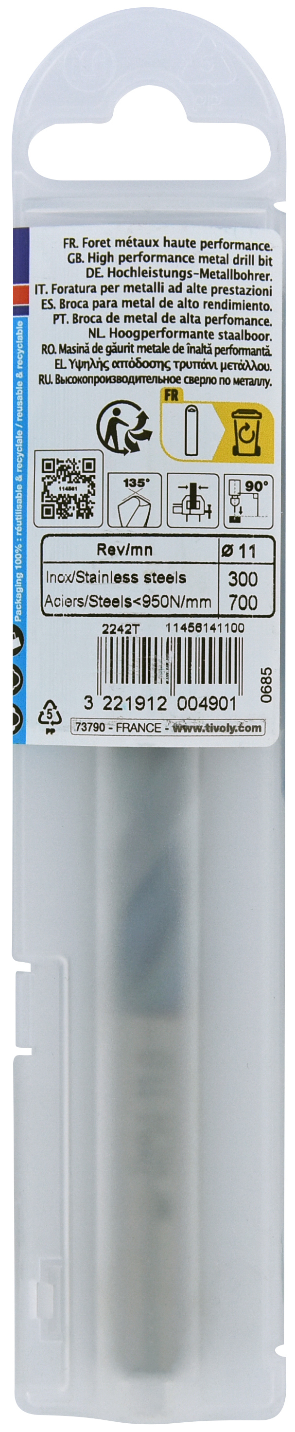 Foret métaux HSS-E5 TBX -Revêtu BLADE -DIN338 -h8 -Affûtage 4 faces Ø: 11 L: 142 TIVOLY - 11456141100