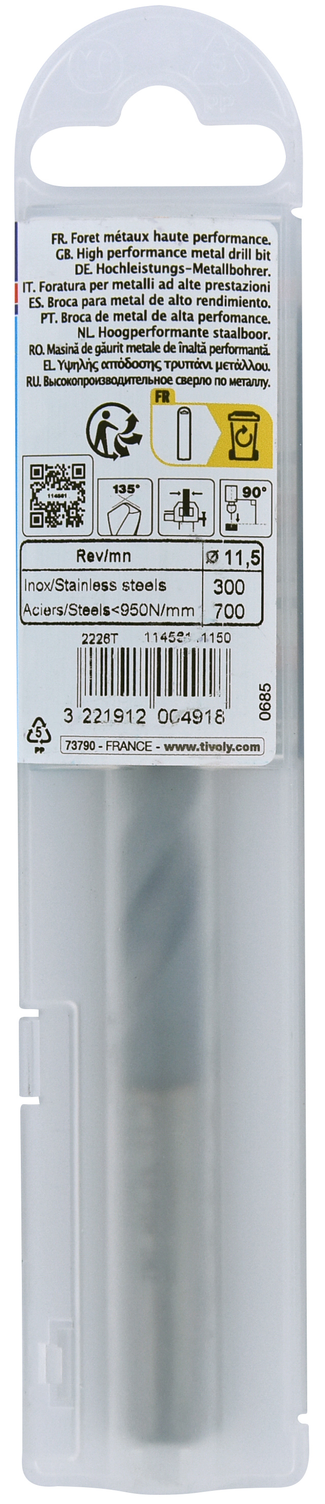 Foret métaux HSS-E5 TBX -Revêtu BLADE -DIN338 -h8 -Affûtage 4 faces Ø: 11.5 L: 142 TIVOLY - 11456141150